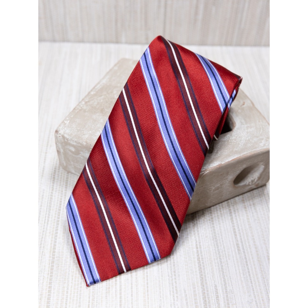 Jones New York Mens Red Blue White Diagonal Striped 100% Silk Necktie Tie